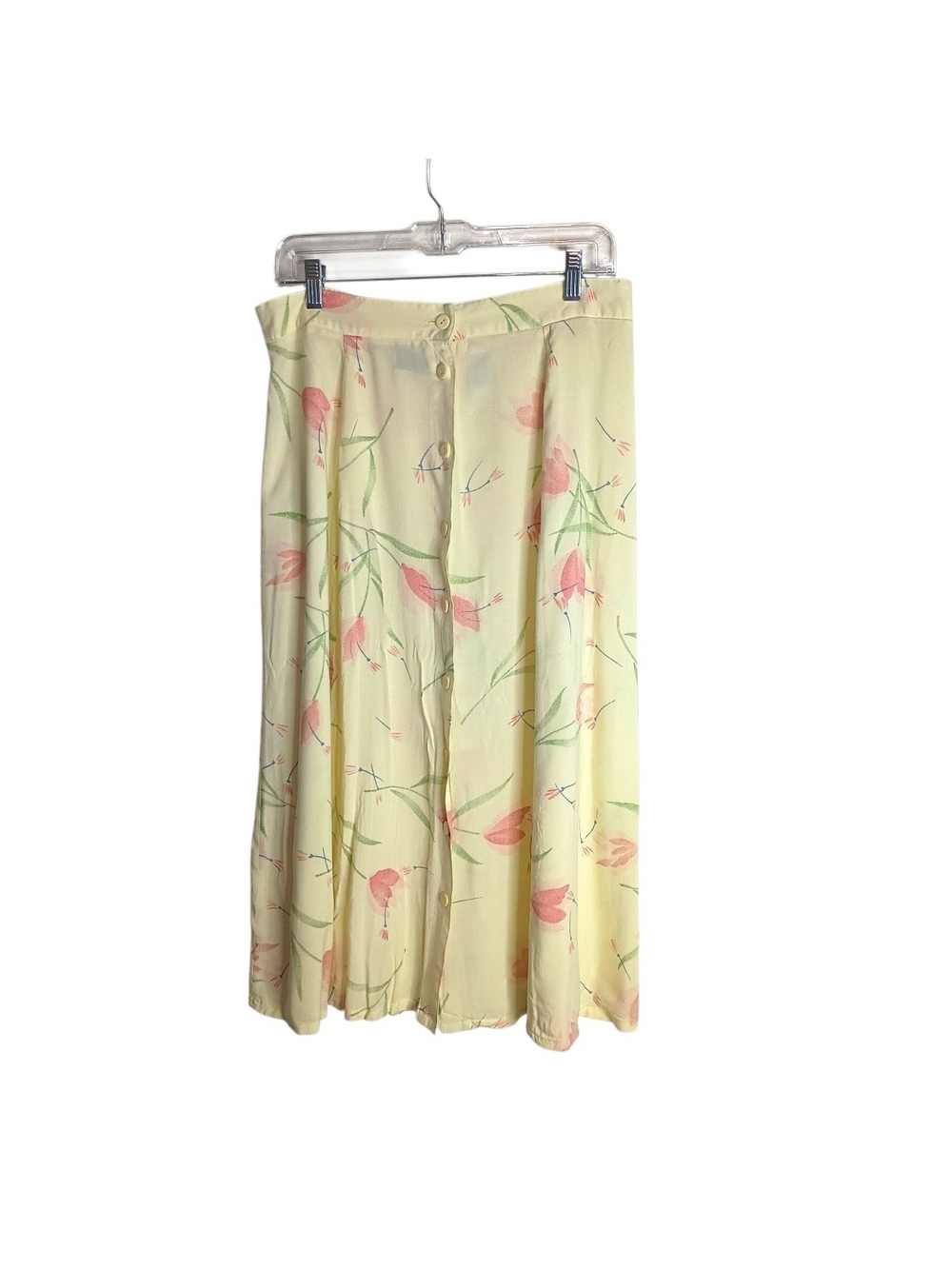 Sag Harbor -Light Yellow Floral Button-Front Midi Skirt - Large